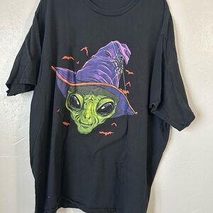 Black Tee with Alien and Witch Hat Design